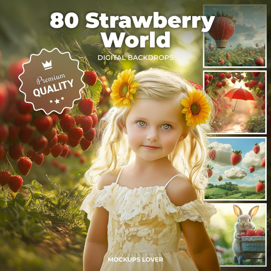 scene of children in a strawberry field with a digital backdrop for creative photography