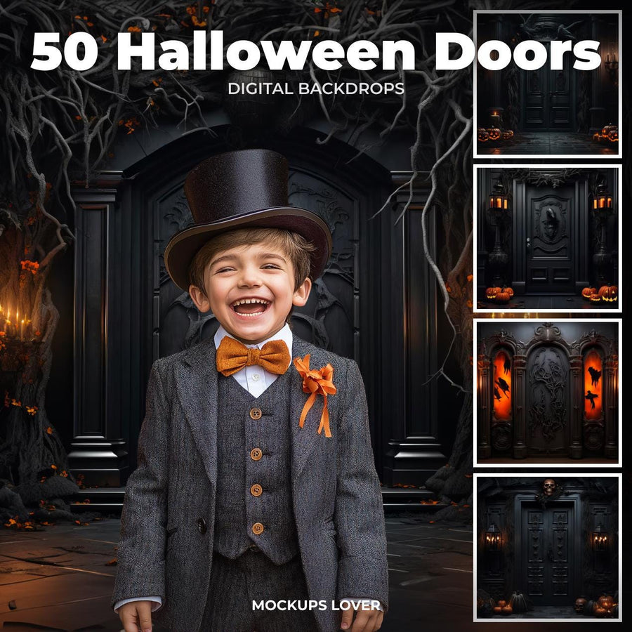 scene of a spooky gothic halloween door backdrop, perfect for children’s halloween prop sets