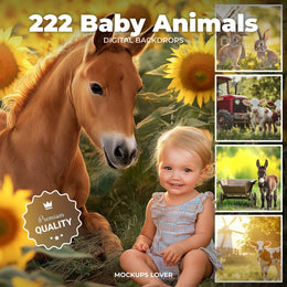 scene of farm animals like pig, duck, cow, hen, horse, and bunnies on a summer rustic background, perfect for photo sets