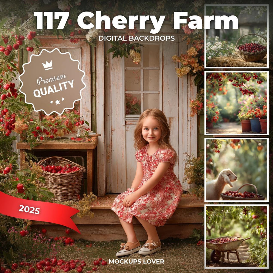 scene of a cherry blossom tree farm with vibrant flowers, suitable for photo sessions, as a backdrop for outdoor portraits
