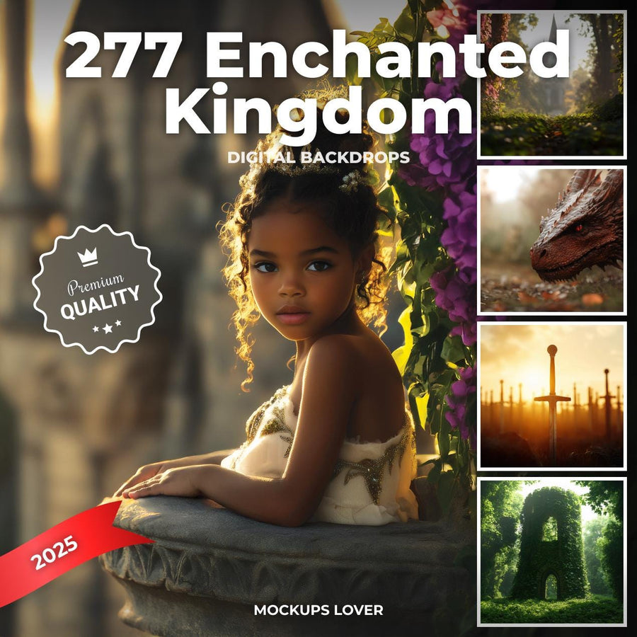 fairytale kingdom scene with princess and knight near a castle, perfect for kid photography and creative photo editing