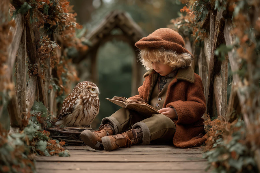 kids scene with owl on a fall bridge, forest backdrop for photo editing and creative compositions