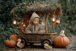 kids with pumpkins and ducks in autumn farm backdrop, ideal for fall photo shoots