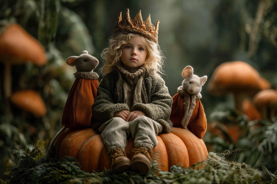 digital backdrop featuring a pumpkin and fantasy forest scene, ideal for kids' photography and creative projects