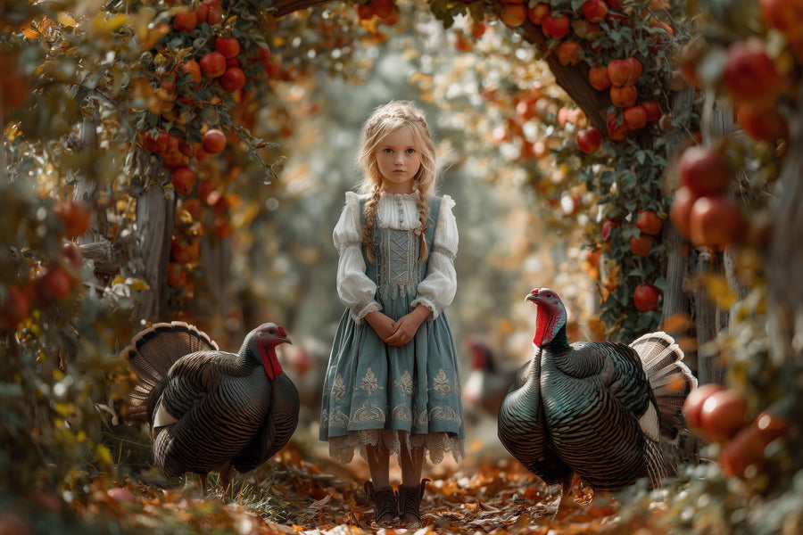 apple orchard scene with rustic farm background, suitable for kids and fall photography