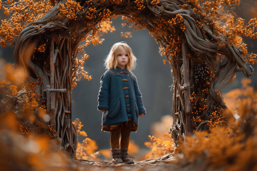kids posing in front of a fantasy forest gate backdrop, autumn scene with woodland elements