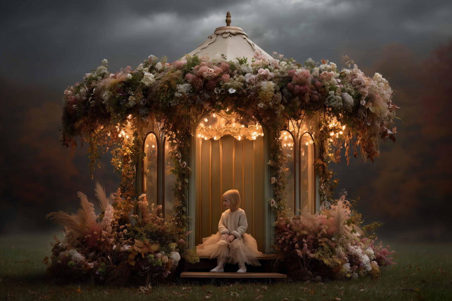 moody autumn fantasy forest with vintage garden arch and gazebo backdrop for digital photography