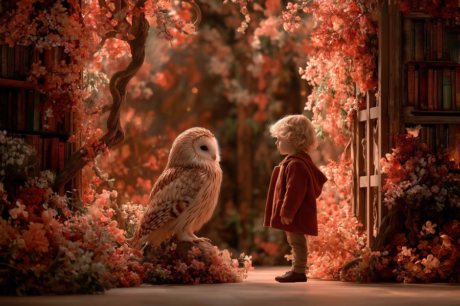 autumn forest backdrop with owl library, ideal for fantasy photo editing and kids photography props