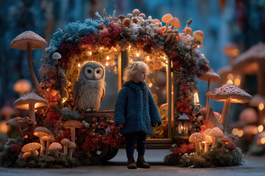 fairy garden scene with lantern lights and owl, perfect for fairy tale photography