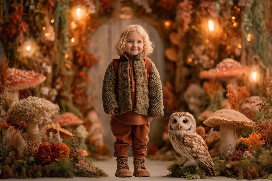 fairy children in a magical forest with owls and mushrooms, perfect for photo props