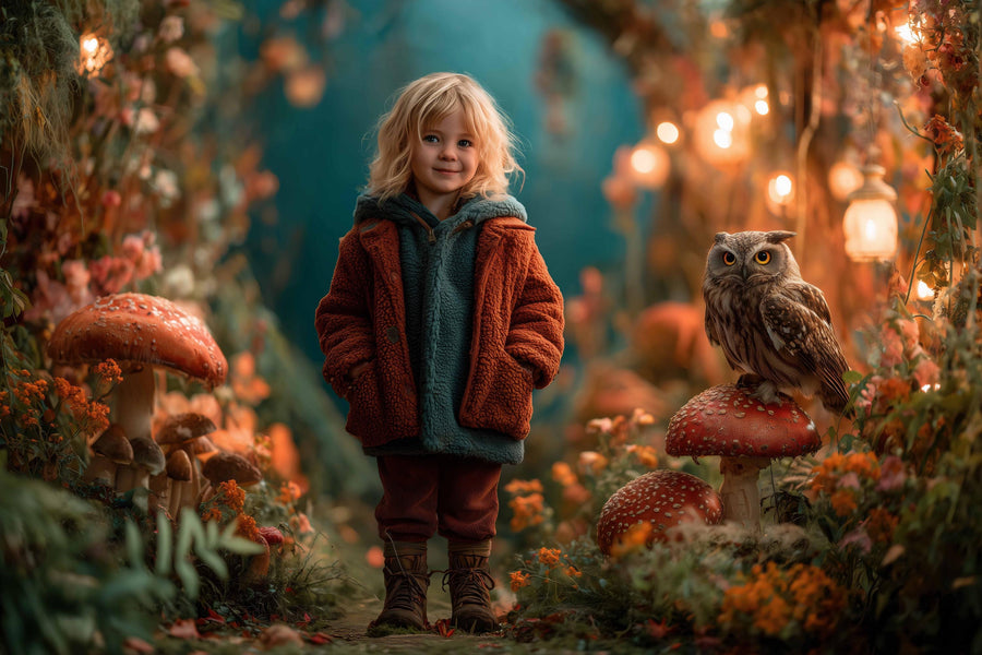 fantasy forest scene with woodland creatures and magic mushrooms, ideal for kids' photo sessions