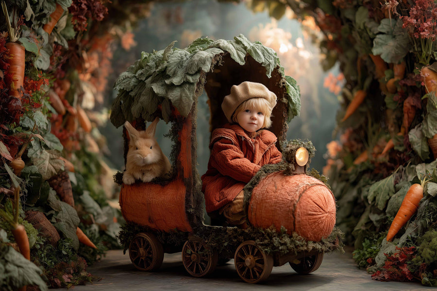 cute bunny with carrots in autumn farm setting, suitable for kids and newborn photo shoots