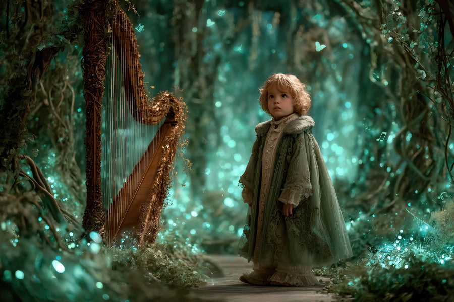 scene of a magical woodland with fairy and harp, ideal for kids' photo backdrops