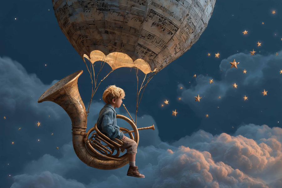 whimsical air balloon scene with musical sky, ideal for kids and creative photography