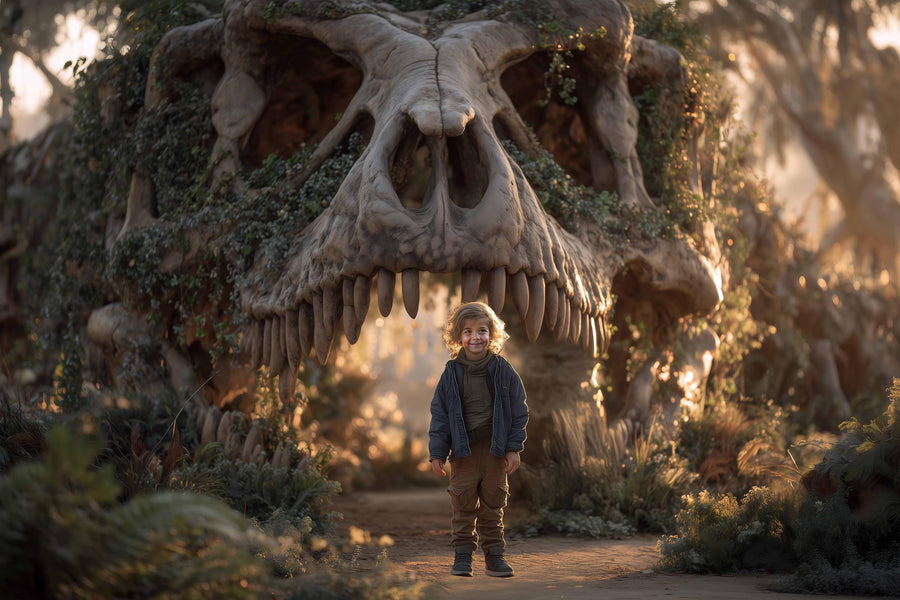 dinosaur skull and jungle scene for kids' photo prop, prehistoric background