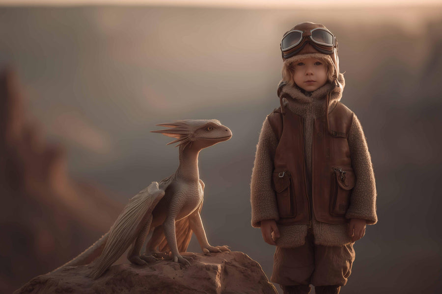 fantasy dragon and canyon scene with sunset sky, rocks, and desert mountains, suitable for kids and creative photo editing