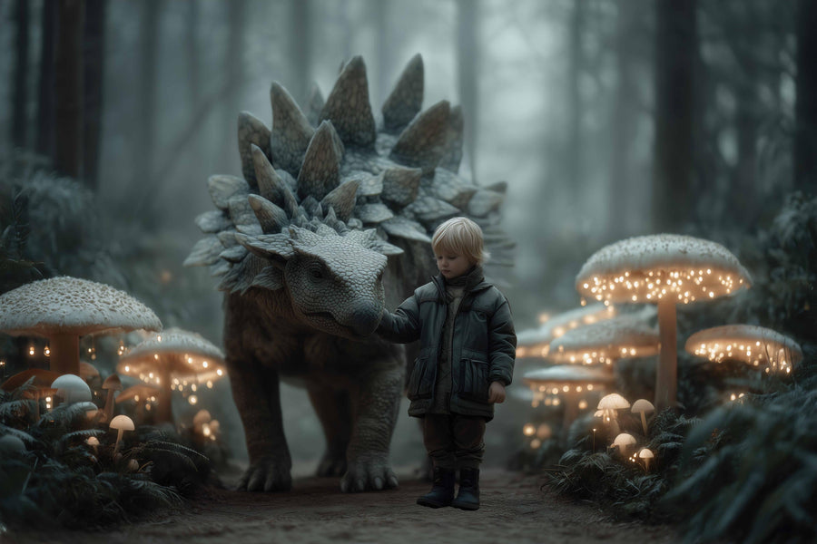 dinosaur forest scene with glowing mushrooms, ideal for kids' photo shoots and creative projects