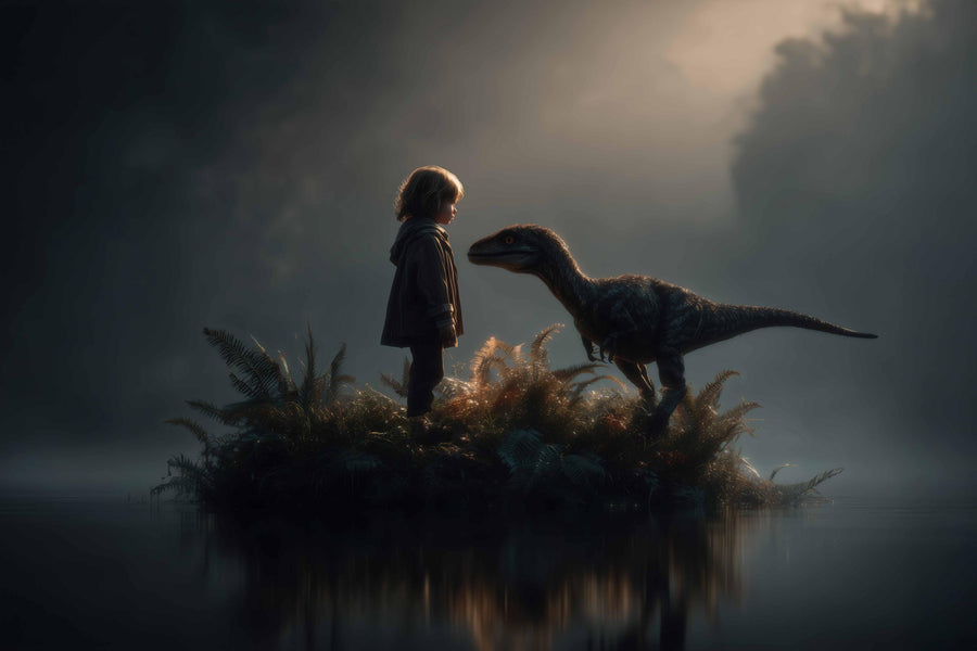 velociraptor jurassic backdrop for kids' photo shoots, digital composite, prehistoric scene, creative photography prop