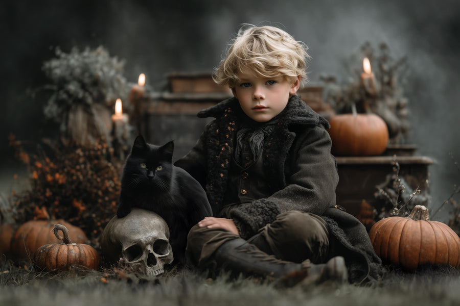 halloween cemetery scene with pumpkins, skulls, and black cat, ideal for kids' photo props