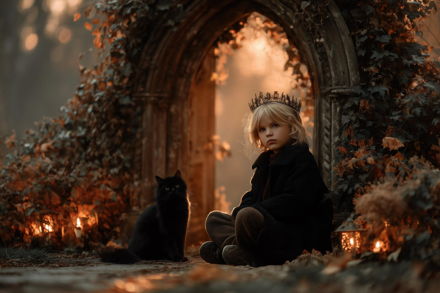 black cat beneath gothic arch in haunted autumn forest halloween backdrop