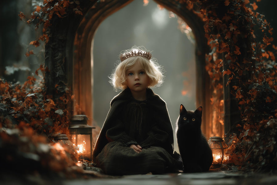 foggy haunted forest arch with black cat, perfect halloween background for kids photos and photoshop composites