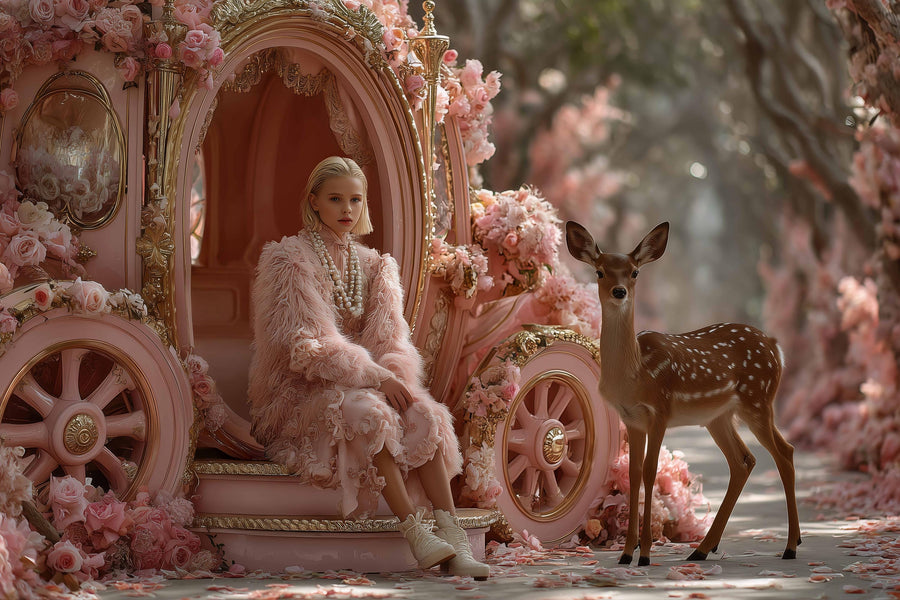 fairy tale princess carriage scene with pink roses and deer, ideal for kids' photo sessions