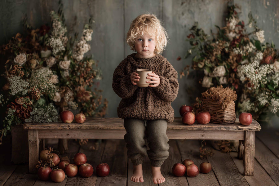 kids posing in autumn apple harvest scene, digital backdrop for photography, fall studio setting