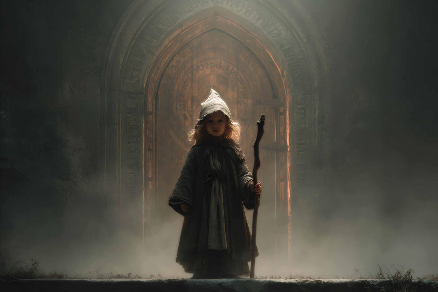 scene of foggy gate with mystical wizard prop, ideal for halloween photo shoots