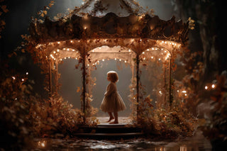 scene of a fairy lights gazebo in a fantasy forest, ideal for kids' photo sessions