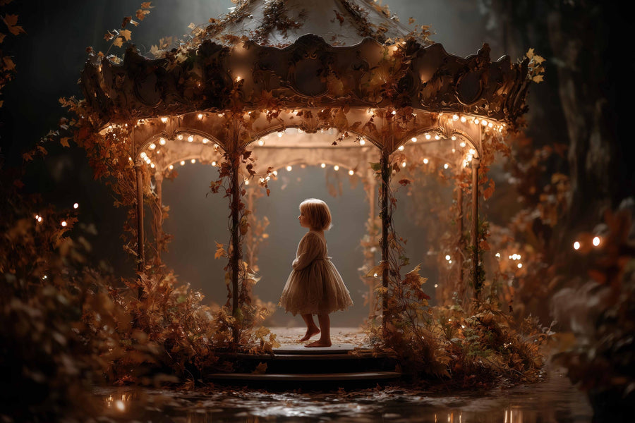 scene of a fairy lights gazebo in a fantasy forest, ideal for kids' photo sessions