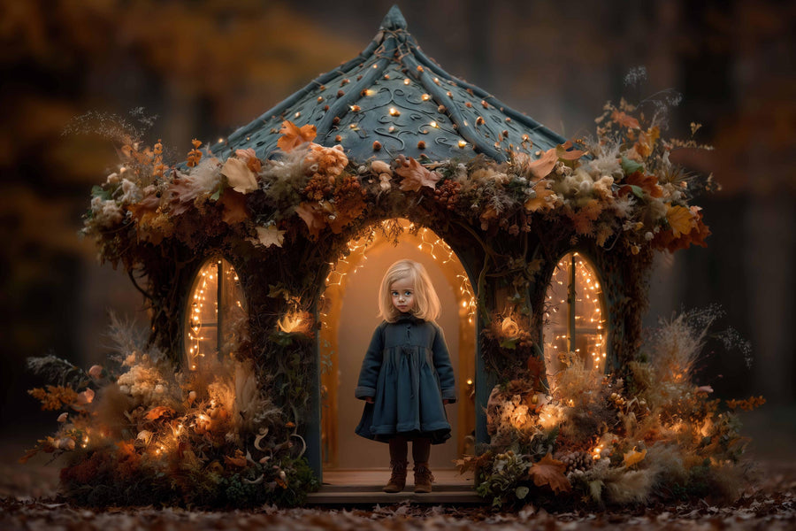 fairy garden scene with fall leaves, ideal for kids photography and digital backgrounds