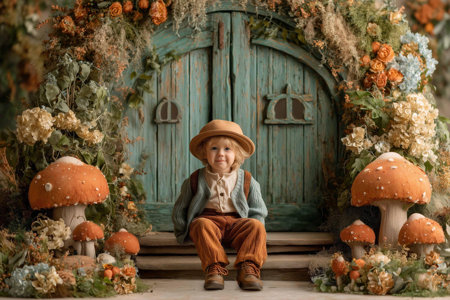 fairy garden arch with autumn forest background, ideal for kids' photo shoots and fantasy scenes