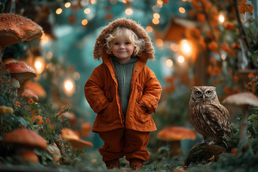 digital photography of fantasy forest with woodland creatures, magic mushrooms, and fairy lights in a fall setting