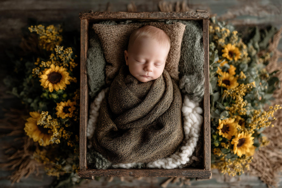 sunflower backdrop with wooden bed for fall newborn and baby photos, ideal for photoshop composites
