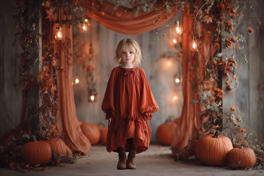 kids portrait with pumpkin lantern, fall leaves, string lights, rustic background, perfect for holiday photography