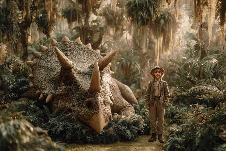 dinosaur scene with tyrannosaurus rex, suitable for kids' photo shoots and digital backgrounds