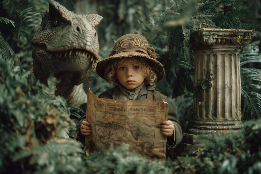 dinosaur scene with t-rex in jungle backdrop, ideal for kids' creative photo sessions