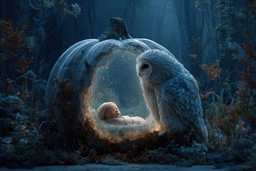 baby with pumpkin in fantasy forest scene, halloween backdrop, woodland creatures, newborn photo prop, photoshop composite