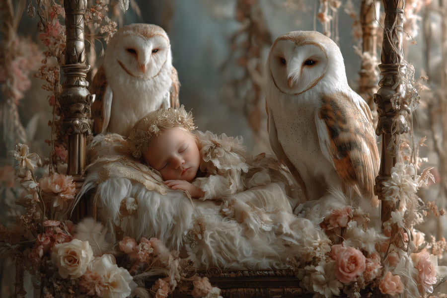 baby with floral vintage backdrop and woodland animals, perfect for fairy tale photo shoots