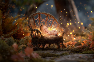 fairy newborn scene with twinkle lights, forest backdrop, and holiday props, ideal for festive baby photography