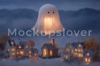 Halloween Village Digital Newborn Photography Background, Holiday Baby Photo Prop, Hot Air Balloon, Cute Ghost, Photoshop Template