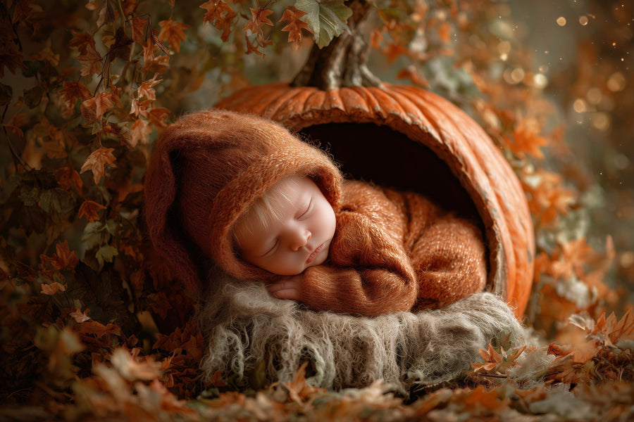woodland baby scene with pumpkin, fall leaves, and fantasy forest backdrop, ideal for newborn photo shoots