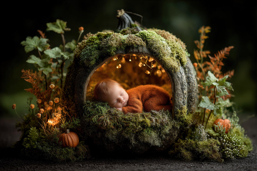 baby in pumpkin-themed fairy garden scene, digital backdrop for newborn photography