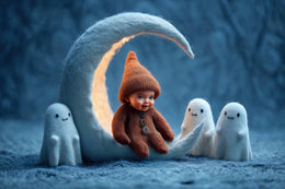 cute halloween ghost digital background with night sky and crescent moon, perfect for face swap and baby photo props