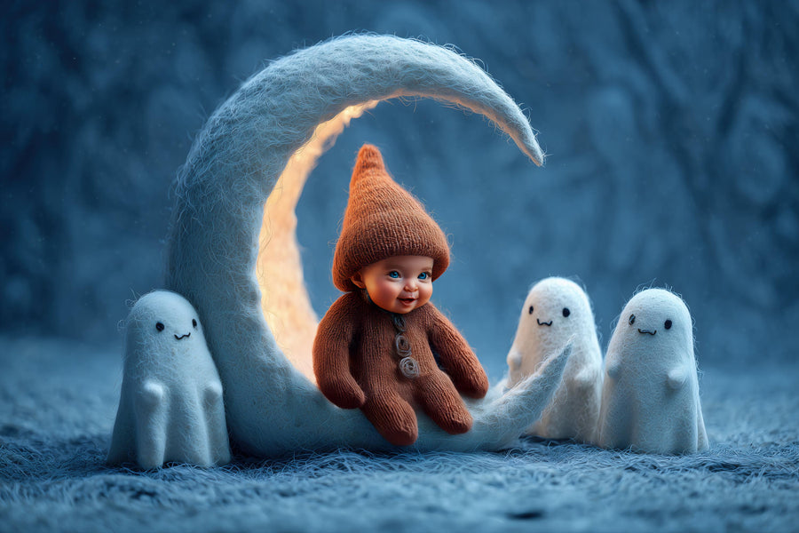 cute halloween ghost digital background with night sky and crescent moon, perfect for face swap and baby photo props