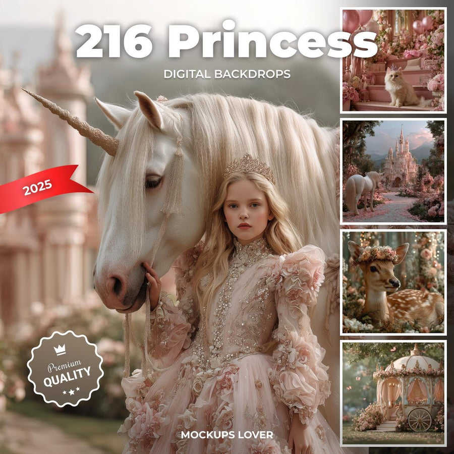 scene of a princess with fairy, unicorn, fantasy forest and castle backdrop, perfect for creative photo sessions