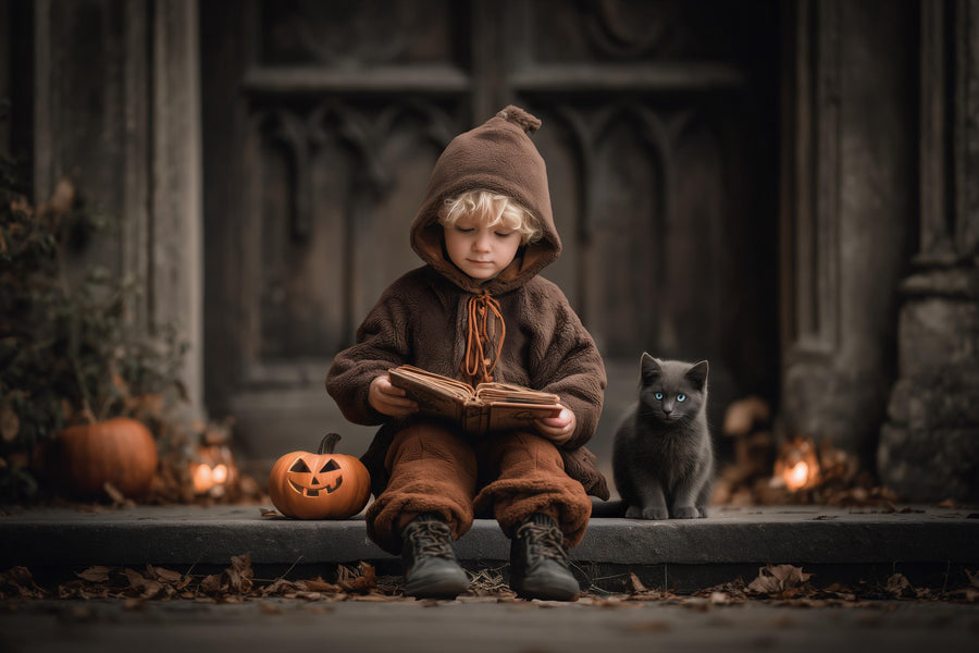 halloween scene with black cat and jack-o'-lantern, digital backdrop for photos