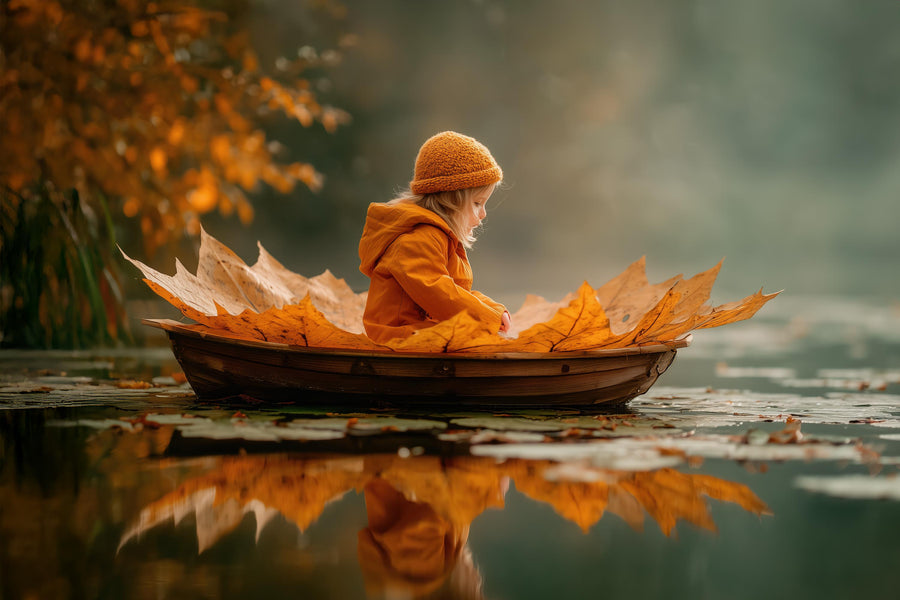 woodland children with fall leaves, digital backdrop for photo shoots, perfect for autumn and holiday photography