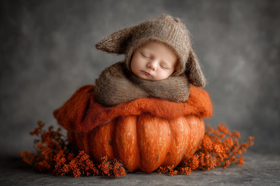 baby boy or girl with pumpkin backdrop, fall leaves, perfect for holiday newborn photos