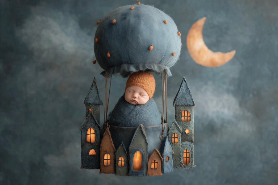 baby with crescent moon and fairy lights backdrop, halloween village scene, perfect for newborn photography
